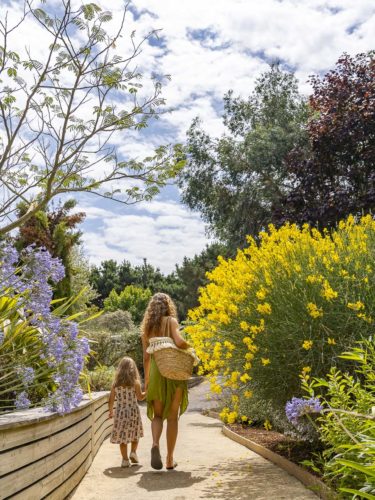 Femme et sa fille qui se balade dans un chemin fleuri